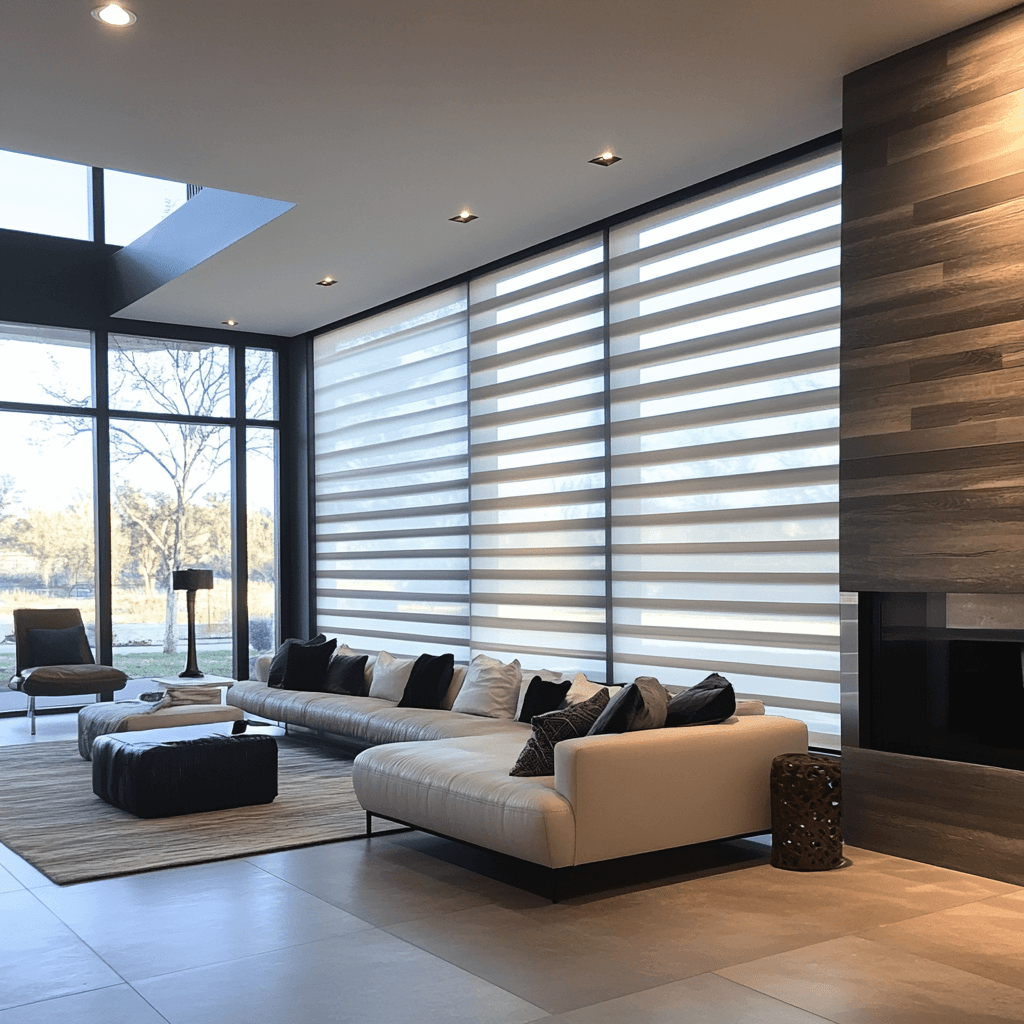 Zebra blinds in a room with furnitures