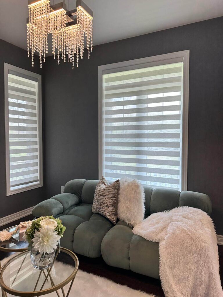 zebra blinds ina room with sofa - uv protection to save the furniture