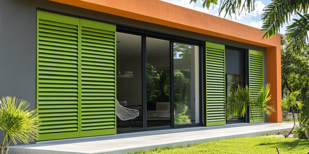 Green and black combination of California shutters and patio door. Vinyl shutters as a material for California Shutters