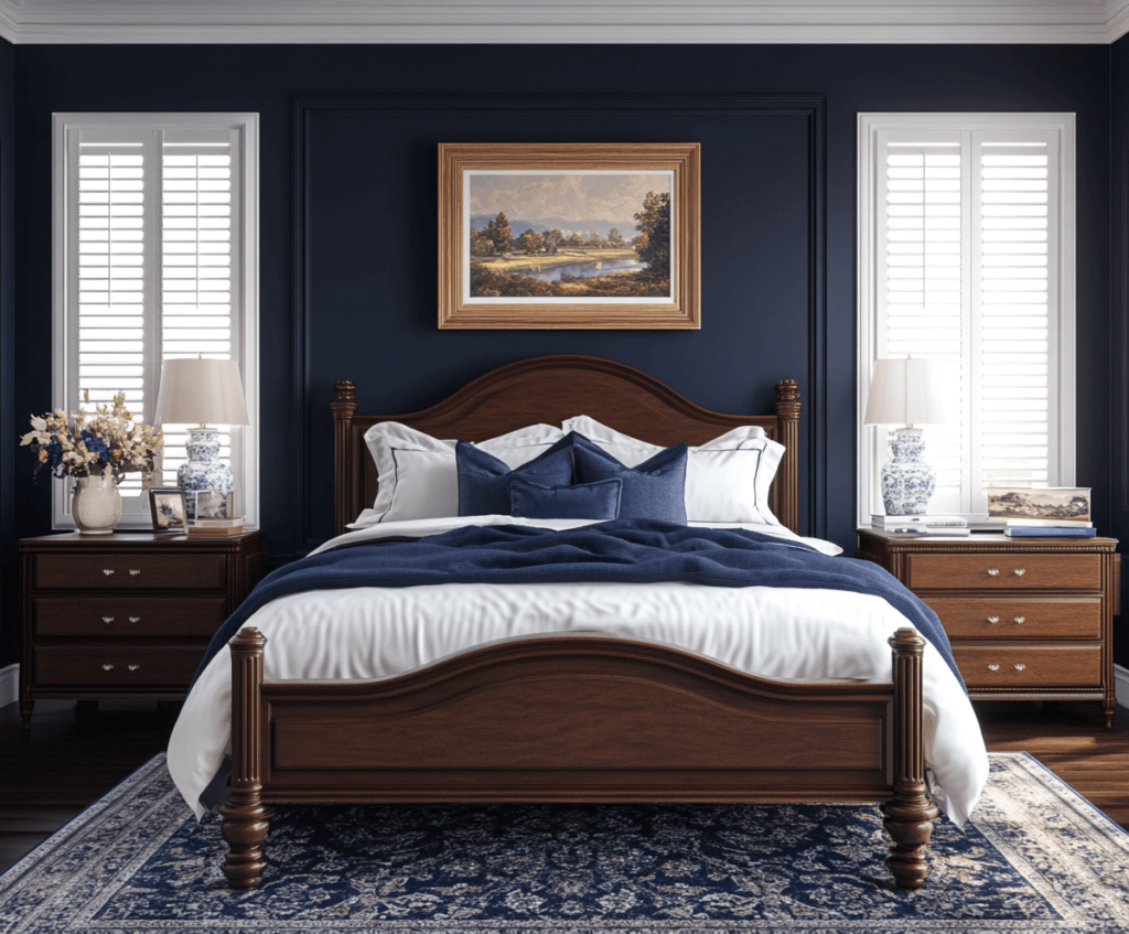 Luxury bedroom with navy blue walls and California Shutters