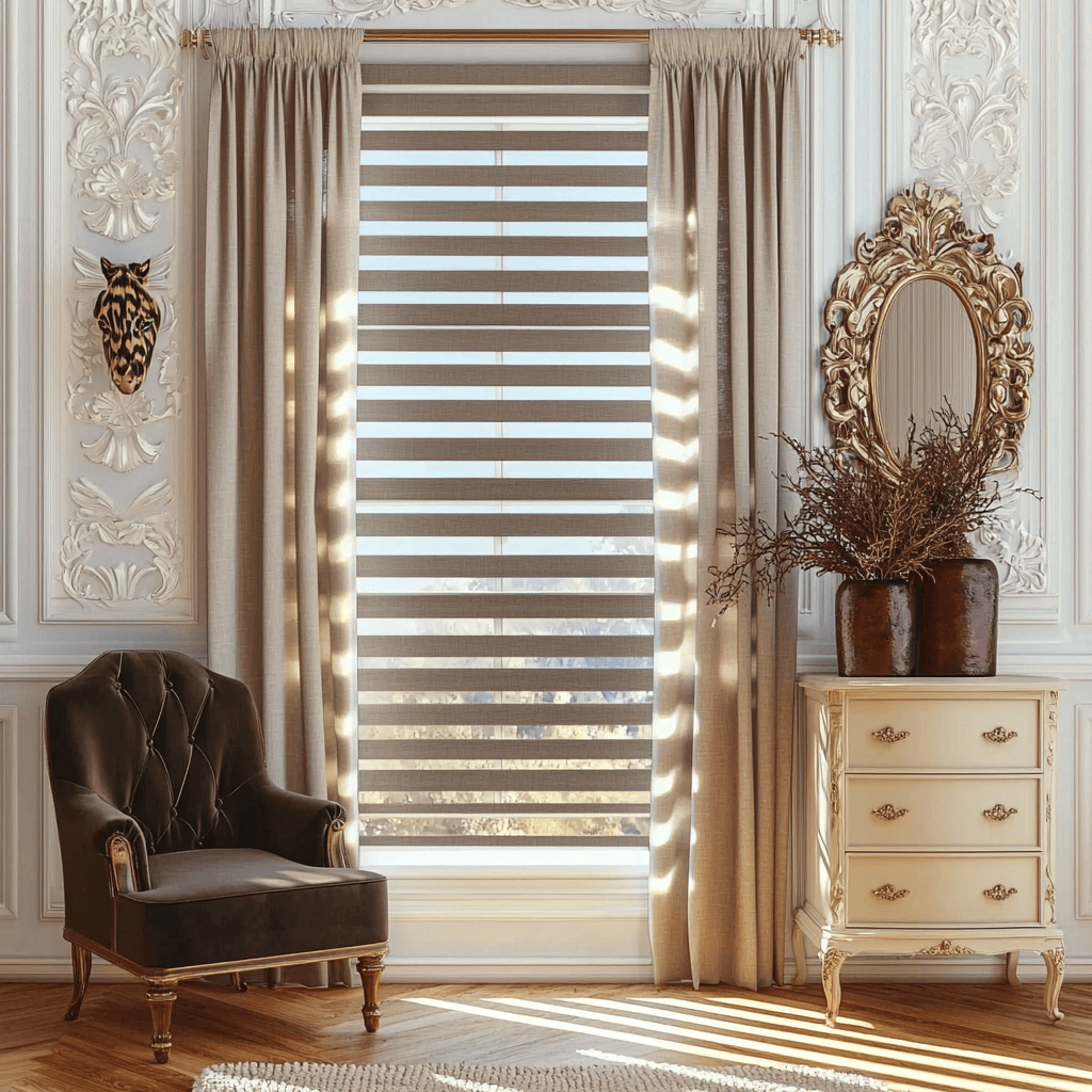 Layered Look Combining Zebra Blinds with Curtains for the Ultimate Effect