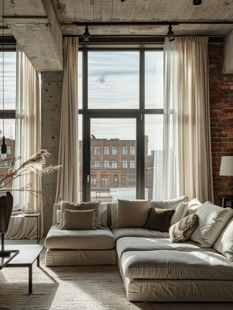 condo-curtains-vs-drapes-in loft-livingroom