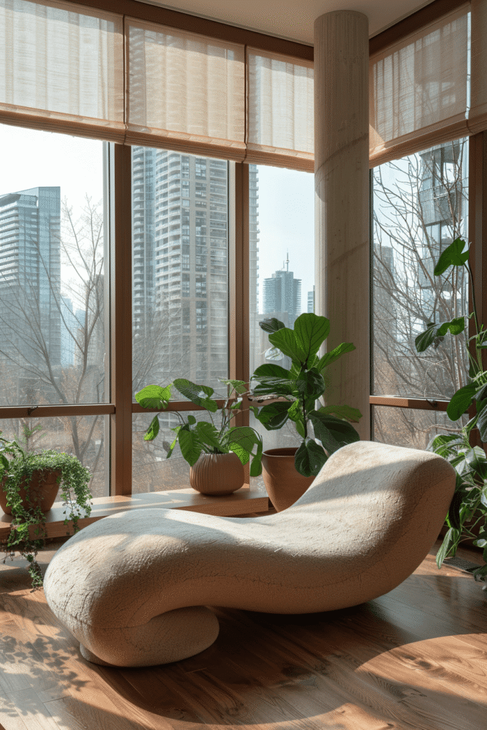 Blinds for condos Toronto featuring light-filtering roller blinds on floor-to-ceiling corner windows with city skyline views and indoor greenery in a modern high-rise.