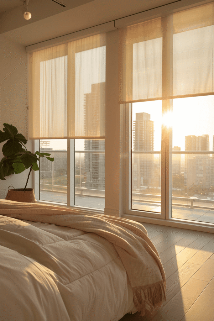 Blinds for condos Toronto installed on large sliding balcony doors with soft linen roller blinds filtering sunset light in a contemporary high-rise bedroom.