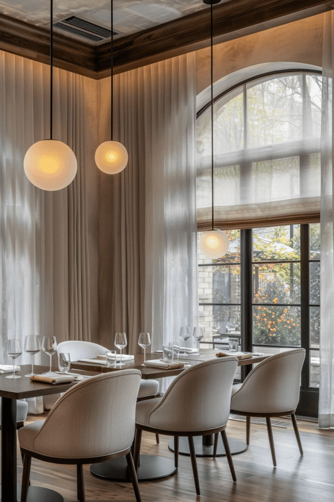 Commercial window treatments Toronto dining space with custom sheer curtains, arched architectural windows, and soft modern pendant lighting in upscale restaurant setting.