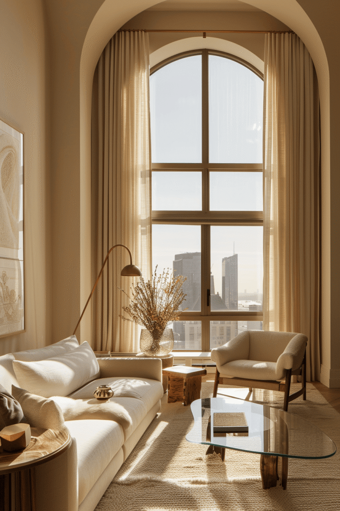 Condo curtains Toronto installation featuring soft neutral floor-to-ceiling drapery framing oversized arched windows in a warm, modern high-rise living room.