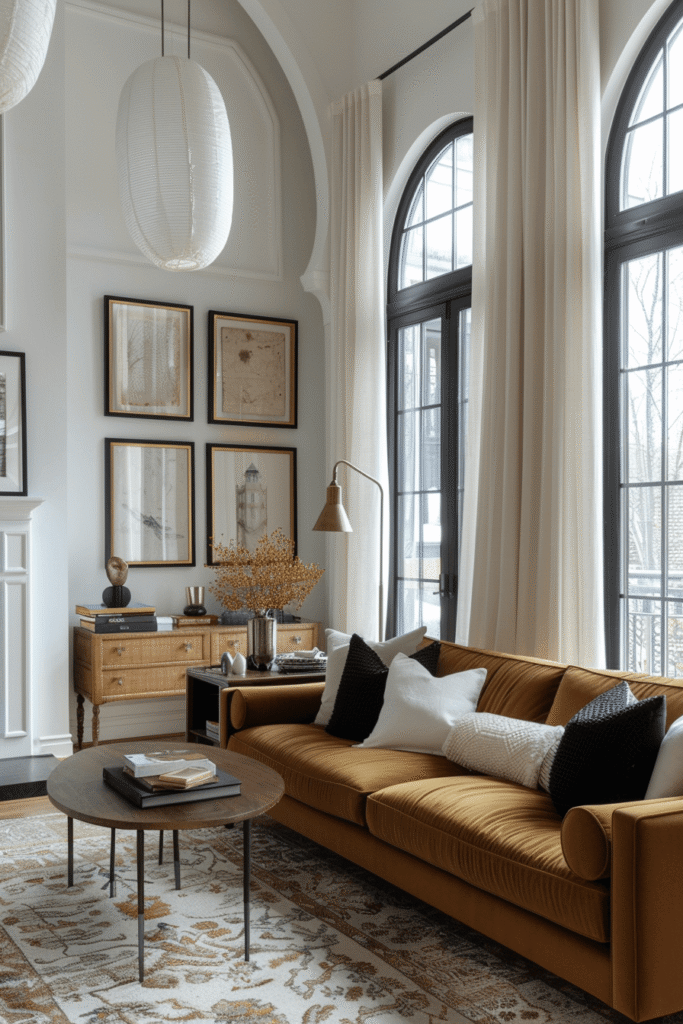 Condo curtains Toronto showcasing custom ivory drapery on ceiling-mounted tracks around tall arched windows in an elegant modern condo interior.