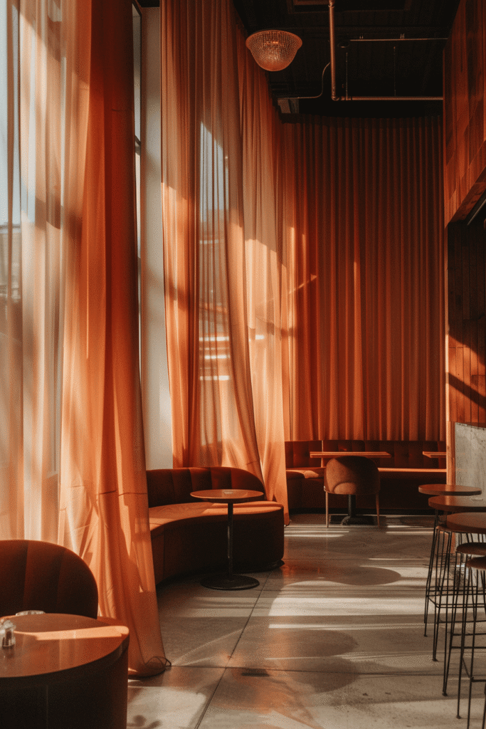 Luxury Toronto restaurant interior with floor-to-ceiling terracotta sheer drapery, curved banquette seating, and layered commercial window treatments filtering warm afternoon light.