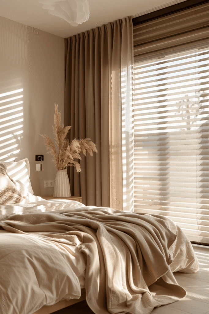 zebra blinds bedroom with layered drapery and striped blinds filtering warm natural light