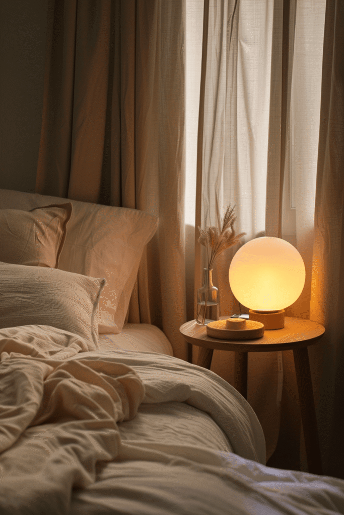 Bedroom with soft curtains and lighting demonstrating light control for better sleep in a calm and relaxing environment