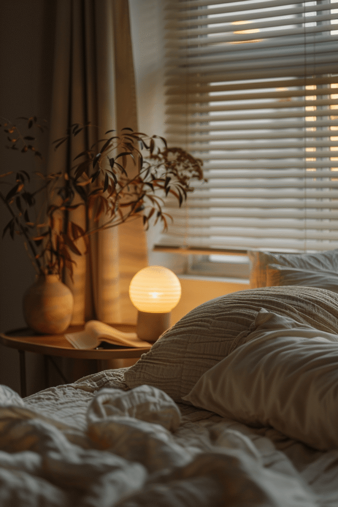 Best blackout blinds for sleep in a cozy bedroom with warm lighting and partially closed blinds creating a calm nighttime atmosphere
