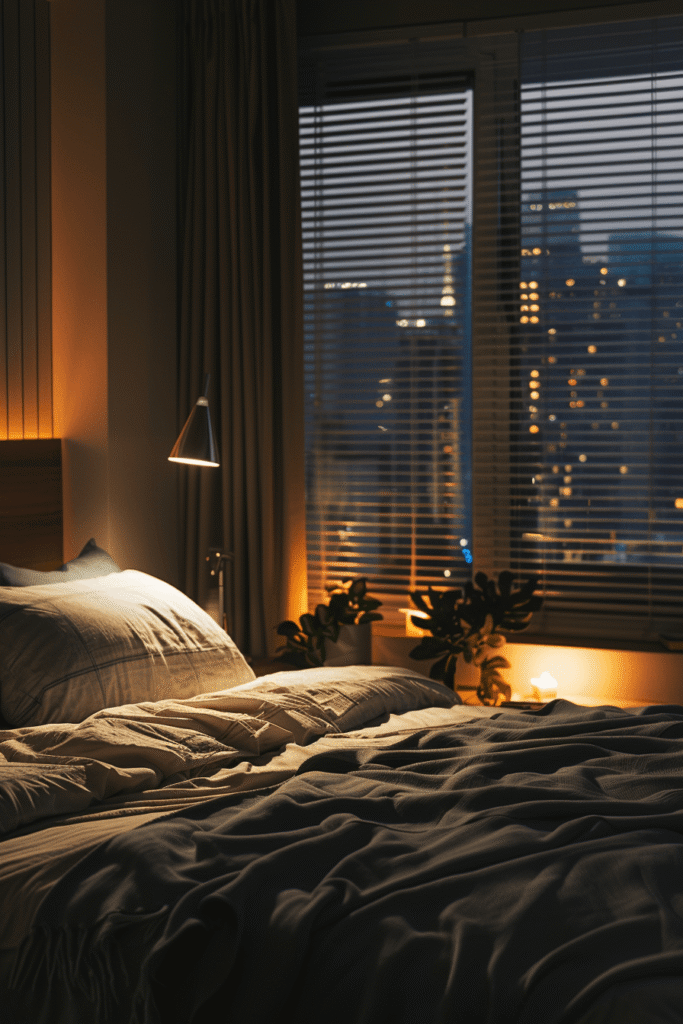 Blackout blinds in a modern condo bedroom at night with city lights outside and controlled indoor lighting