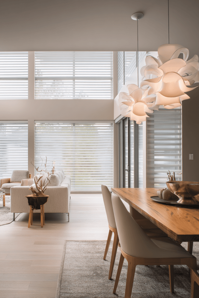 Blackout zebra blinds for bedrooms used in a modern open-concept living and dining space with large windows