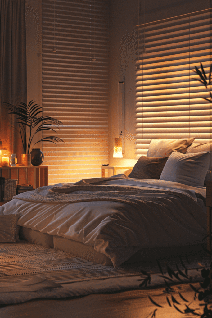 Blinds for better sleep in a Japandi-style bedroom with warm lighting and partially closed blinds creating a calm nighttime atmosphere