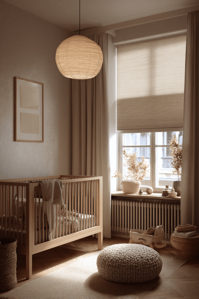 Blinds for better sleep in a Japandi nursery with soft natural light filtering through window blinds and warm neutral decor