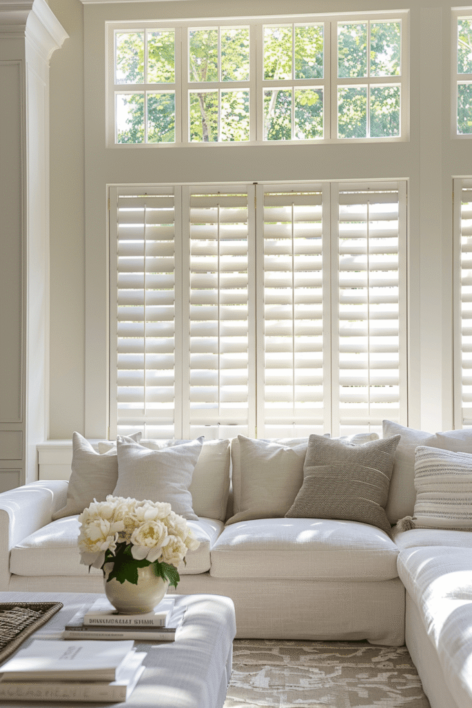 California shutters for sliding doors installed in a bright modern living room showing light control and clean interior design