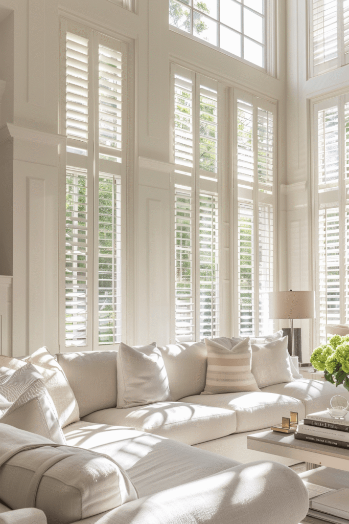 California shutters in a modern living room with tall windows creating a bright and elegant interior space