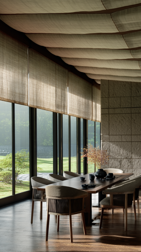 patio door blind ideas for sliding glass doors in modern dining room with soft fabric shades filtering natural light